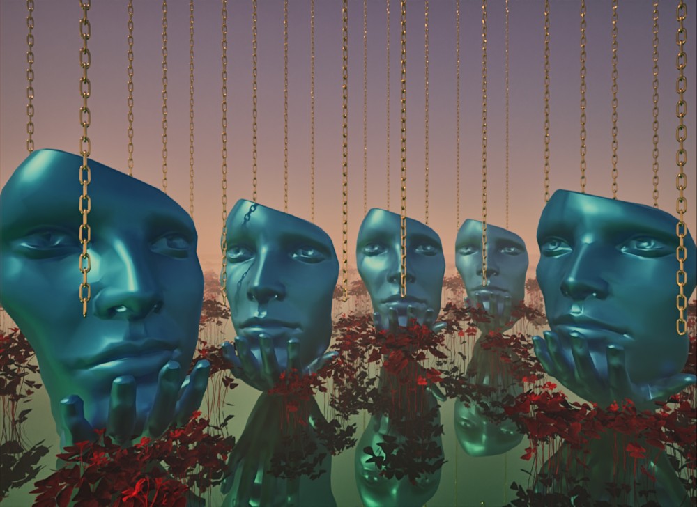 Between Chains, I aimed to represent a sense of limitation and restriction while simultaneously leaving open the possibility for contemplation and hope. The suspended heads, with a metallic blue sheen, symbolize the mind trapped between golden chains, a metaphor for the barriers we often face in life, whether self-imposed or external.
Each face reflects serenity, but also a touch of melancholy. I wanted the expressions to invite introspection, as if each figure were in a state of deep reflection, trapped yet still aware. The golden chains represent not only oppression but also something valuable, perhaps the idea that our limitations can have a purpose or hidden meaning.
The contrast between the cold heads and the red vines emerging from the ground was intentional. The reddish plants symbolize life and struggle, adding a touch of warmth amidst what appears to be a scene of control. It’s a visual battle between what restricts and what grows, between the cold and the warm, between the mi