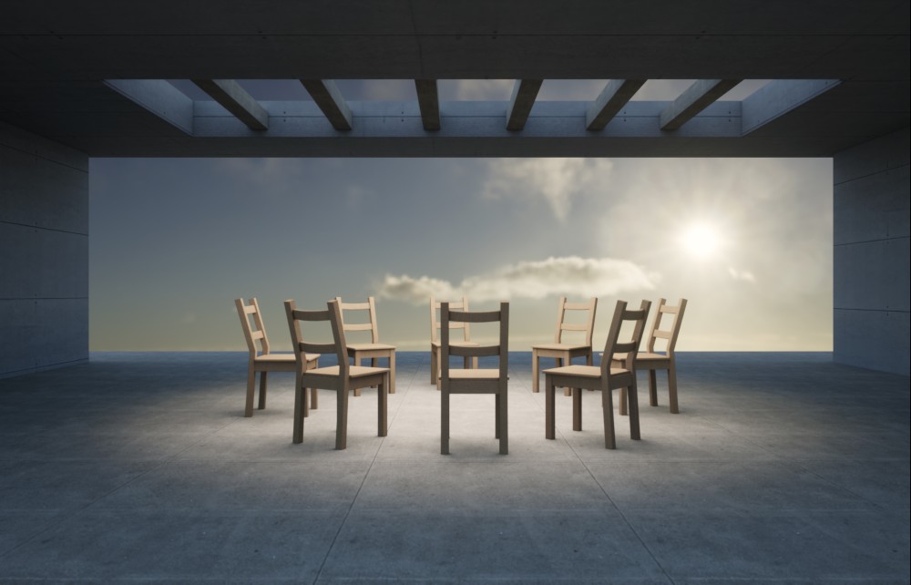 This collection emphasizes the symbolism of human connection through the use of minimalism, geometry, and the handling of empty space to convey a deeply emotional message. By using simple elements, it communicates a profound sense of isolation and reflection.

In my work "Friendship", I aimed to capture the essence of human relationships through a minimalist composition filled with symbolism. The circle of chairs is no coincidence. It represents equality, closeness, and above all, inclusion. In such a large and seemingly empty space, the circle stands out as a symbol of unity, a space of equality and balance where everyone is valued.

The clear sky symbolizes clarity, optimism, that sense of openness that only comes with sincere relationships. The soft colors, grays, and blues, align with that idea of serenity, but I also wanted to include a touch of warm light to evoke the possibility of something deeper.

The piece invites viewers to reflect on their own relationships and on the impo