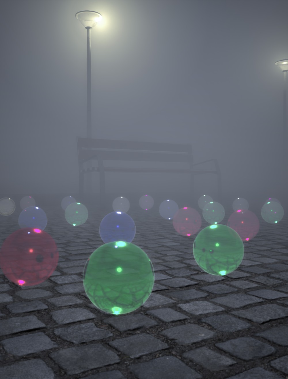 This artwork conveys an atmosphere of deep introspection and mystery. The dense fog enveloping the scene blurs the boundaries between the real and the dreamlike, placing the viewer in a space suspended between the tangible and the imaginary. The empty bench, solitary in the middle of the setting, symbolizes absence, waiting, or a moment of pause, inviting silent reflection or a journey through personal memories.
The glass spheres, with their vibrant colors and delicate transparency, contrast with the sobriety of the cobblestone ground and the misty air. These spheres appear fragile yet deeply significant, like small windows reflecting and distorting their surroundings, connecting the near and the far, the visible and the hidden, and evoking the complexities of human emotions.
The streetlights add a touch of warmth to the cold, somber atmosphere, creating a delicate contrast that suggests a ray of hope amidst uncertainty. As a whole, this artwork invites exploration of the balance betwe