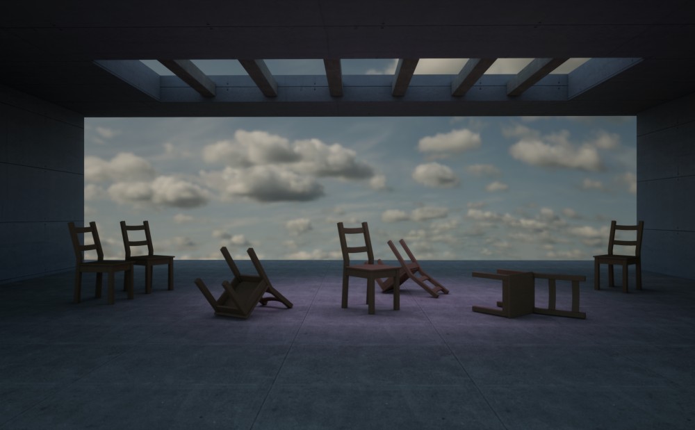 Collection that highlights the symbolism of human connection through the use of minimalism, geometry, and the handling of empty space to convey a deep emotional message, using the simplicity of the elements to express a profound sense of isolation and reflection.

In my piece titled "Eva," I aimed to capture the struggle women face in today's society, while not forgetting the past. The scene depicts disordered and fallen chairs, symbolizing resistance, chaos, and the ongoing fight for equality. The disarray of the chairs reflects the historical struggle of women to carve out a place in a world that has often tried to silence their voices.

The presence of an upright chair amidst the chaos represents the strength and resilience of women, standing out as a symbol of hope and determination, reminding us that despite the obstacles, women continue to rise and reclaim their space.

The play of light and shadow highlights the duality of the struggle: on one hand, the darkness that represents