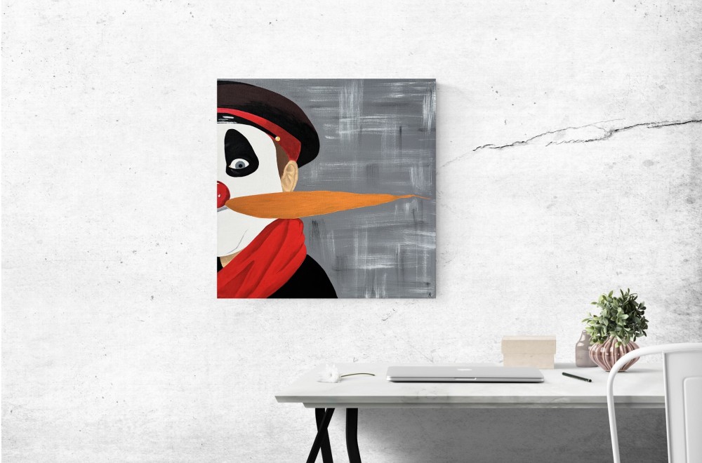 A recognizable character—the Peasant from Village of Fools—is depicted in this painting, yet stripped of his familiar grotesque and comedy. This is neither a stage image nor a joke, but a frozen moment of silence after laughter.

The character’s face appears as if half disappearing from the frame. The clown makeup remains, but the gaze is wary and focused, as though the character is encountering himself for the first time outside the stage and beyond the role.

The character is no longer performing—he is left alone with silence. The painting was created after the actor’s death, and in this context the image becomes a memorial: not an official monument, but a quiet, intimate form of remembrance.

This work is about how characters continue to live on after the actors who embodied them are gone. About a clown who no longer makes us laugh, yet still looks at us. And about gratitude—for the laughter, for the naïveté, for that simple joy that once existed and has stayed with us forever.