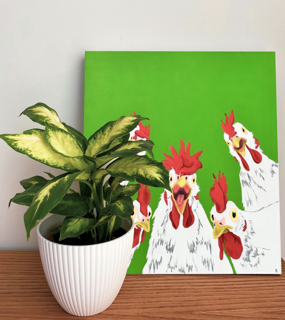 At first glance, the painting appears almost comical: chickens huddled together, shouting and staring straight at the viewer as if competing for attention. Their exaggerated expressions turn emotion into spectacle. Yet the bright green background is not just a color—it references chroma key, the neutral screen on which much of today’s media reality is created.
Green symbolizes emptiness, a space where meaning is added later and context is constructed in editing. Against this backdrop, the characters are already broadcasting themselves, unaware of the narrative they will enter.
The chickens become a metaphor for the modern world, where everyone is both actor and audience, where life is performed as a curated, Instagram-ready version. Reaction outweighs substance; volume replaces meaning. Voices are directed not at each other, but into the screen.
This work poses an ironic question:
Are we living our own lives or simply performing on someone else's green screen?