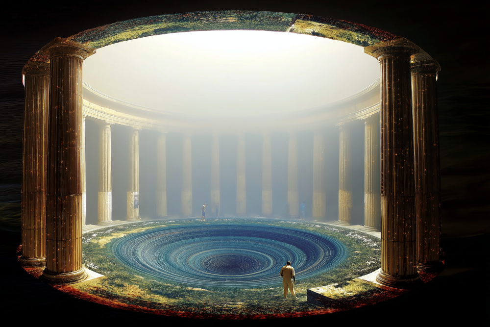 Stone melts into radiance; the structure becomes a whisper of its former self.
