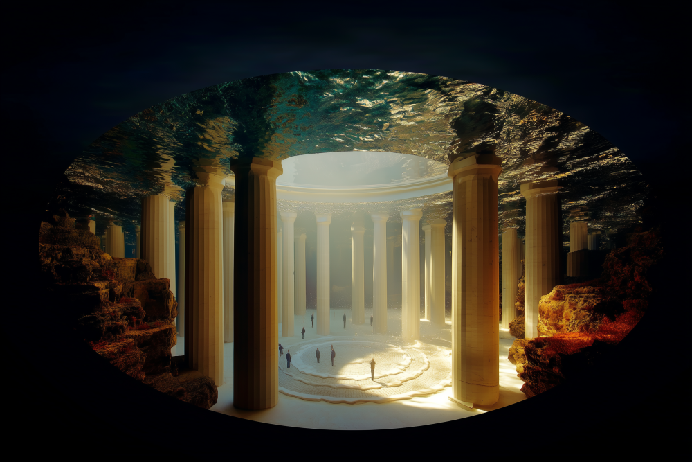 Beneath the surface of time, light lingers on the ruins of reason — a cathedral where silence breathes through water.