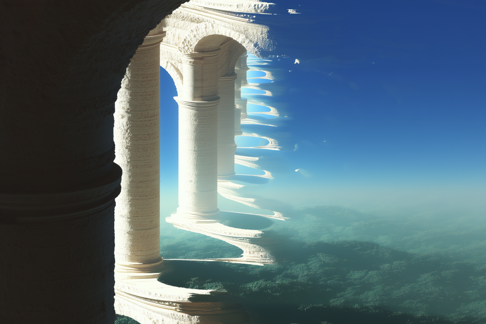 Columns trace a celestial path, suspended between gravity and dream.