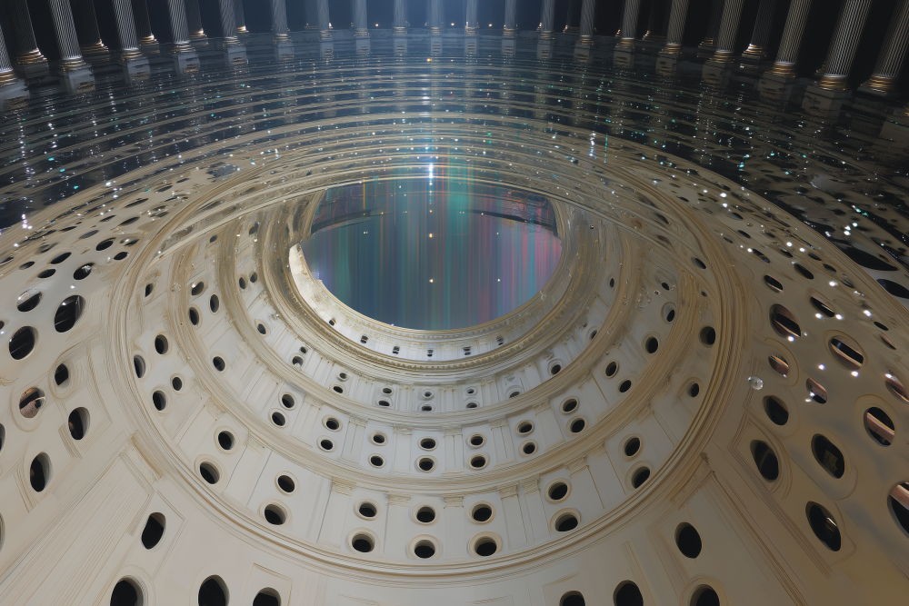 Horizon and vault merge in one mirrored breath, where past and future fold into the present gaze.