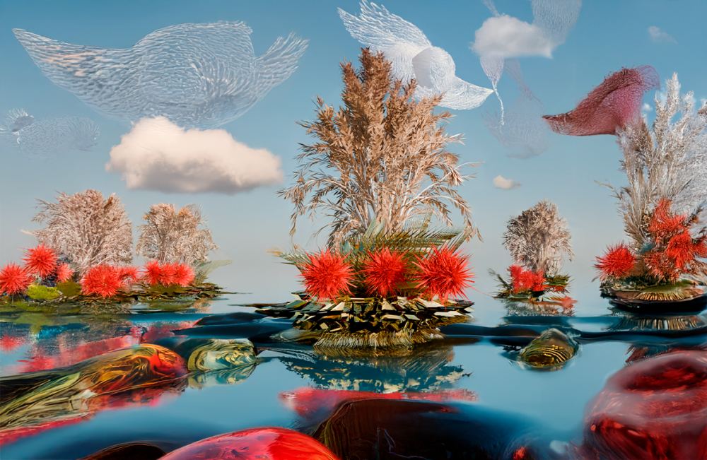 Year: 2024
Artist: José Daniel Soto 
Description: A surrealist landscape that feels etherial and magic. Created by José Daniel Soto Marín "Jose Azul" at Magic Lab Studio. It combines Blender 3D models to form a scene that was finished using Artificial Intelligence to evoke a place outside of this world.