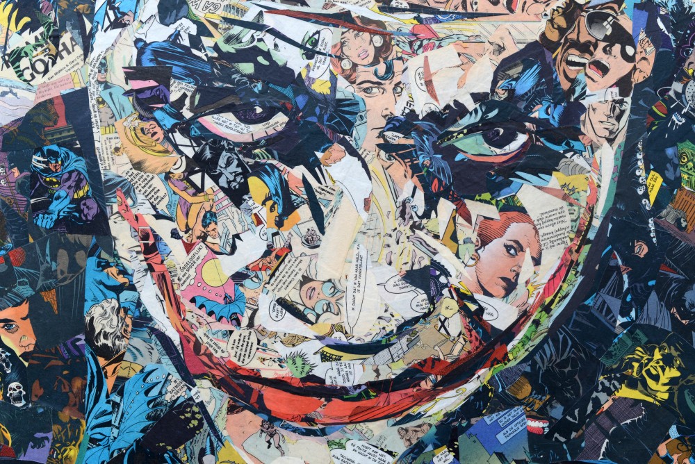 Collage portrait of The Joker made out of second hand Batman vs Superman comicbooks

75 x 55 cm | original | Paper and acrylic on canvas, UV protective varnish.

Price by request