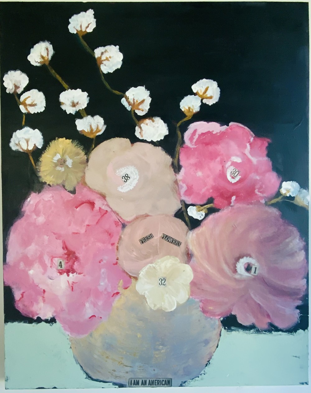 “A visual journey into beauty, memory, and the veiled language of emotion. The numbered flowers stand as symbols in a coded archive of silent memories. 
Mix Medium on Canvas 24 x 30 x 1.5 
$1000