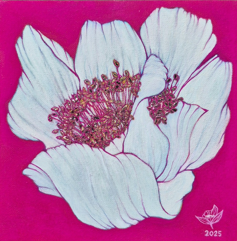 8"x8' oriental pigment powder on canvas,
The white petals evoke a sense of purity and calm, while the vivid magenta background and vibrant red stamens suggest hidden passion and vitality. This flower, though serene on the surface, burns quietly with inner strength.

The contrast between the soft outer appearance and the intense core reflects a silent resilience — a quiet flame that continues to glow even without words. The painting speaks to the beauty of enduring strength and emotion held within.
하얀 꽃잎은 고요하고 순결한 이미지를 주지만, 그 안에 담긴 수술의 붉은 빛과 배경의 선명한 핫핑크는 내면의 강렬한 감정과 생명력을 상징합니다. 겉으로는 차분하지만, 안에는 뜨거운 에너지가 숨겨진 존재처럼, 이 꽃은 침묵 속에서 타오르는 열정을 말해줍니다.

이 작품은 외적인 평온함과 내적인 강렬함 사이의 대비를 통해, 말없이 견디는 강인함을 은유적으로 표현합니다.