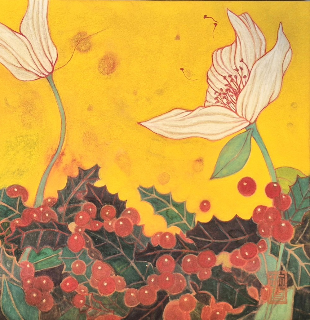 8"x8" oriental powder on jang ji
- A delicate harmony of purity and vitality- soft white petals whisper against a  of backdrop of bold red berries and deep green leaves, evoking a quiet but powerful energy of life in transition.
하얀 꽃은 순수함과 희망을 상징하며 전체적으로 생명의 조화와 계절의 전환기를 표현했다.