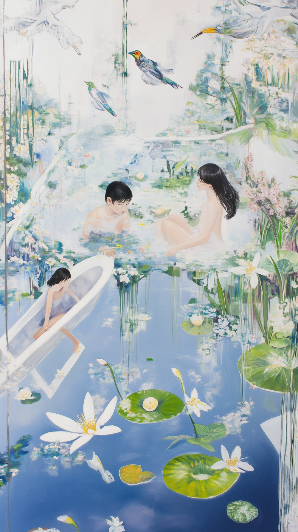 A dreamlike convergence of reality and reverie, Whispering Currents explores the fluid boundary between innocence, nature, and the subconscious. Figures drift in an ethereal landscape where water, air, and foliage merge, evoking a sense of tranquility and suspended time. Inspired by classical compositions yet infused with a contemporary digital touch, this piece invites viewers to lose themselves in a world where past and future dissolve into the present moment.