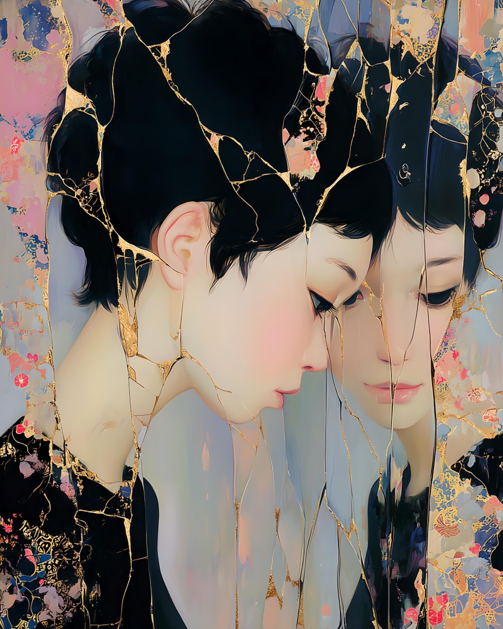 Selected for the “Beauty” Open Call by 34 Gallery, this work starts in the mirror. Not the flattering one. The one that refuses you.

I wanted beauty to feel earned. Mined from shadow.
The face fractures, then returns. Not whole. Real.
Gold appears where the image breaks, like a decision.
A quiet insistence: I am here, even if the world misreads me.

Between cracked glass
your silence touches mine
gold holds the distance

Following the haiku, the image holds that suspended space between two presences. Close, but not merged. The fracture becomes the place where recognition happens.

I use AI as a pressure field, then I edit and refine until the emotion is precise. The final image keeps a vintage softness while carrying something sharper underneath.

Beauty, here, is not perfection. It is what remains visible after repair.