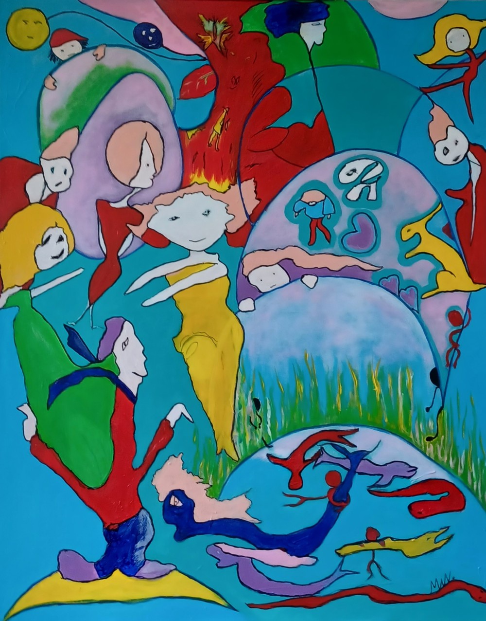 'A Few Moments in Time' is acrylic on canvas and measures 100 x 80 cm. It is unframed, but the sides are painted in a complementary blue. A frame would be a personal choice. This is an intuitive work as most of my work is. The title is applied when the painting is complete. The style is contemporary and abstract, with influences of surrealism and perhaps a touch of folk art due to the simplified forms and vibrant colours. A
'A Few Moments in Time' is a visually engaging Painting that invites the viewers to interpret its narrative through its rich colour, flowing forms, and evocative dreamlike imagery.