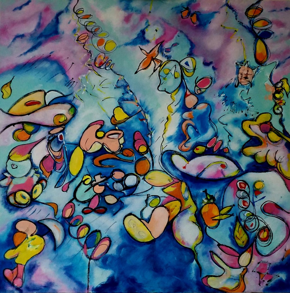 Acrylic on Canvas measuring 61 x 61 cm.
This is an intuitive, abstract painting, rich in colour and dynamic composition. It features a vibrant palette dominated by shades of blue. mixed with purple, pinks, yellows and oranges.
The background itself is a swirling blend of blues and purples, creating a sense of depth and movement, almost like an underwater scene or a cloudy sky. There are hints of darker more intense blues towards the bottom of the painting, grounding the lighter, more ethereal forms above.  Throughout the piece there's a sense of playful energy and spontaneity, with colours bleeding into each other in some area while remaining sharply defined in others. The overall impression is one of imaginative freedom and vibrant expression