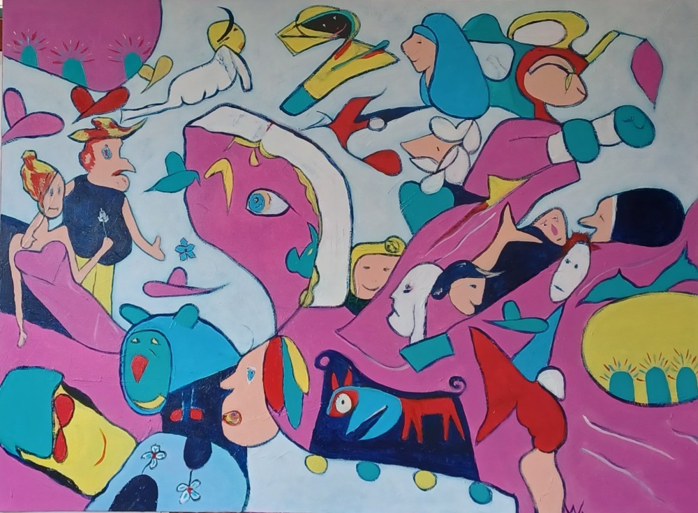 Acrylic on canvas measuring 90 x 122 cm. Intuitive work.
This painting is a vibrant and whimsical piece characterized by its use of bold colours and a unique, somewhat naive or folk-art style. It depicts a chaotic, yet playful scene filled with numerous figures, both human-like and animal-like, intertwined and interacting in various ways. the overall composition is very busy, with segments overlapping and merging, creating a sense of dynamic movement. The brushstrokes are visible, contributing to a hand-painted feel. The forms are not strictly realistic, but rather abstract and symbolic, emphasizing character and emotion over precise representation. There is a strong sense of line defining the figures and shapes.
'That's Life' is an expressive and narrative painting that invites the viewer to explore its many individual scenes and interpret the chaotic yet coherent tapestry of life it represents.