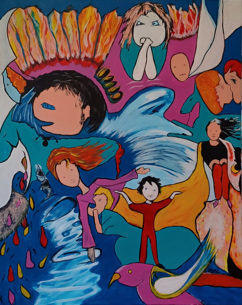 Acrylic on canvas, 100 x 80 cm.
This is an intuitive painting, that evolved as I worked. I gave it its title because it is a vibrant and somewhat surreal painting that features a complex arrangement of figures, shapes and colours, creating a dreamlike or narrative quality.
The style leans towards expressionism and surrealism, with distorted figures and non-realistic use of colour and composition to convey feelings of atmosphere. The brushstrokes appear visible, giving it an energetic and handcrafted feel.