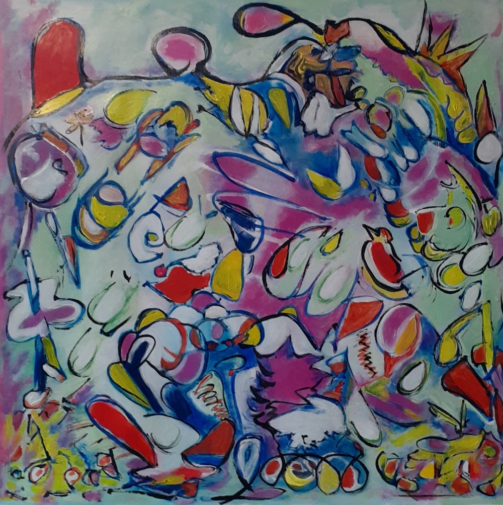 Acrylic paint on cardstock, 47 x 47 cm. Intuitive work.
This painting is an abstract work characterized by a vibrant and energetic composition. It features a multitude of organic and curvilinear shapes, rendered in a bright and diverse colour palette. There is a strong sense of movement and flow.  While busy, the composition doesn't feel overwhelming due to the relatively light background and the way the colours seem to interact and balance each other.
Given the title 'The Door to Perception' the painting evokes the sense of exploring internal states, altered realities, or the subjective nature of perception itself. The fragmented and intertwined forms may represent the jumble of thoughts, emotions, and sensory input that bombards us, or perhaps the way our minds process and interpret reality in a non-linear fashion. The "Door" could be the act of viewing the painting itself, inviting the viewer to step into my unique perspective and find different ways to understand the work.