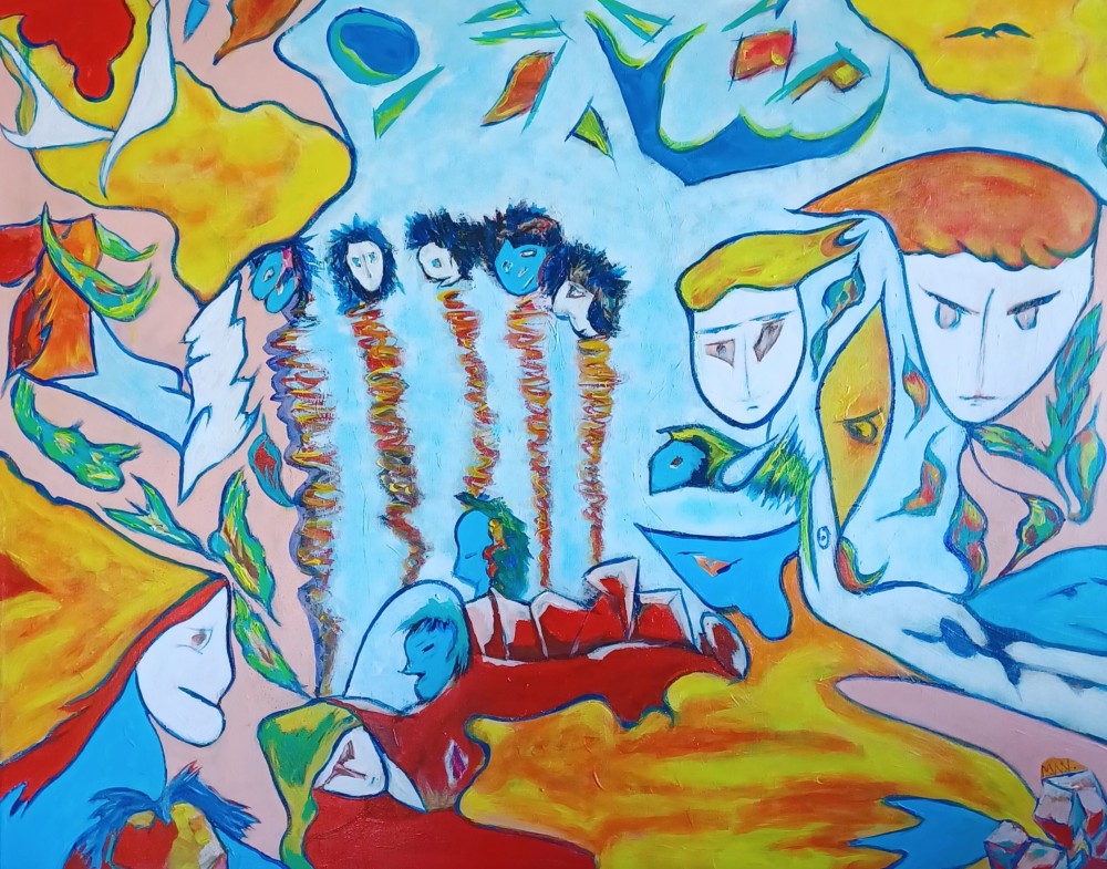 The painting is a powerful visual metaphor for a profound, emotional, and perhaps confusing journey of self-discovery or transformation. The style firmly places it in the realm of Surrealist Expressionism, using distorted forms and highly emotional colors to convey a complex psychological state.