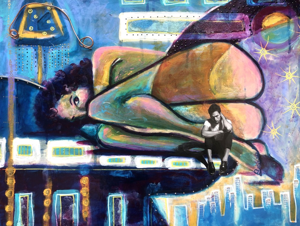 You can not just give up on someone because the situation is not ideal. Great
relationships are not great because both people care enough about the other
person to find a way to make it work.
20 x 16 - Mixed Media:
plaster, glass beads, photo, copper, ink, gels. acrylic
2023
