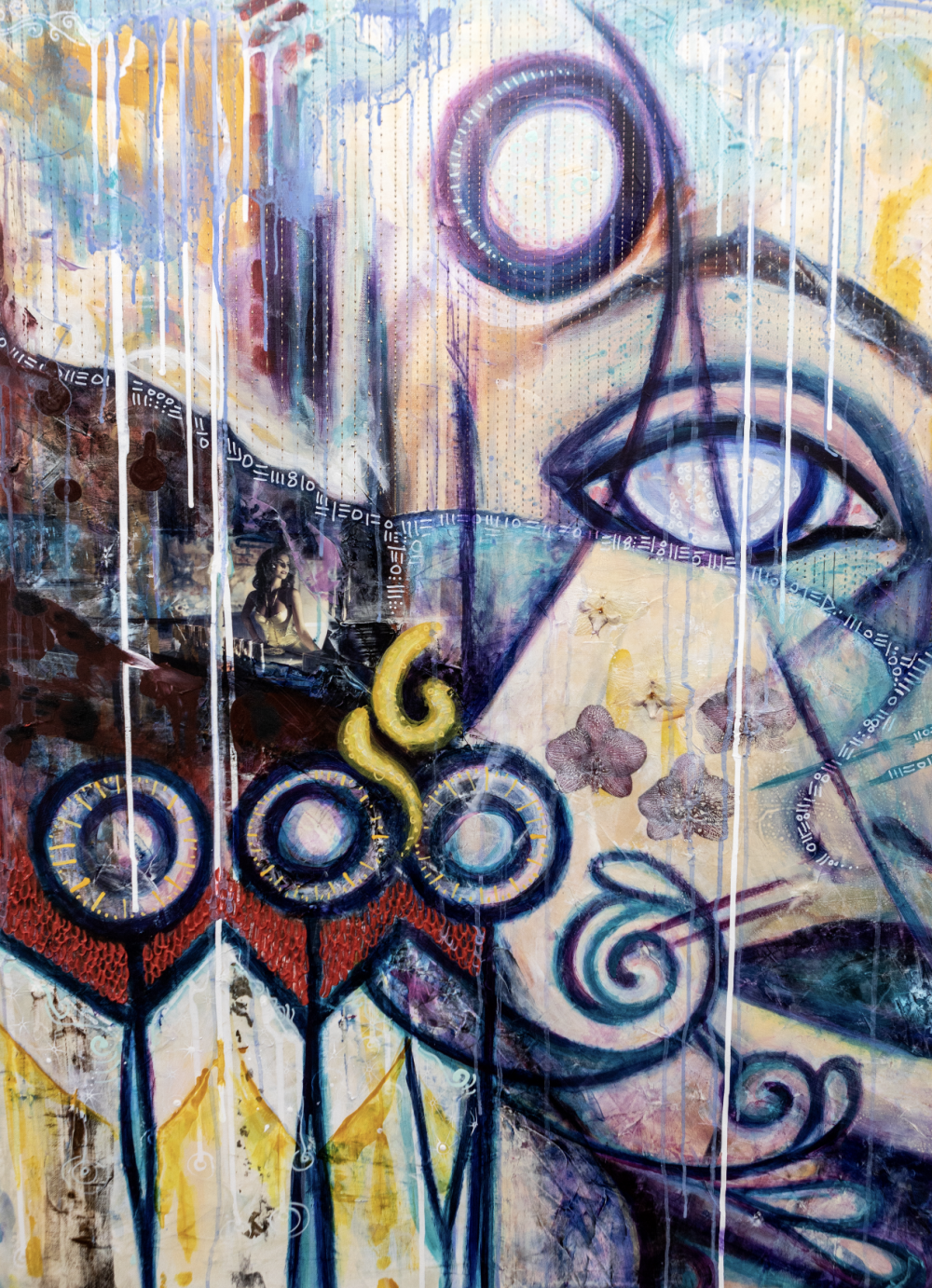 Does the mask you wear in prison you?
36 x 48 - Mixed Media:
Acrylic, gels, ink, orchids, photograph, plaster
2021