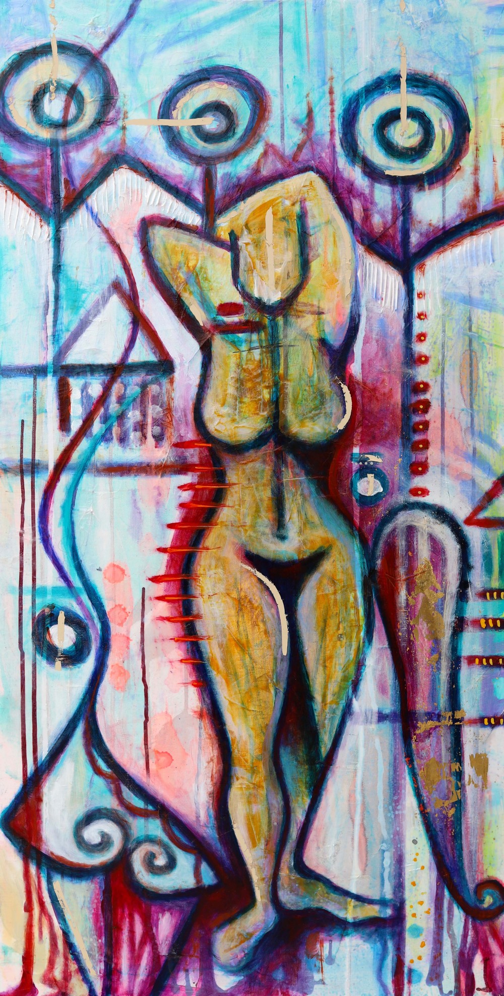 You have to keep taking the next necessary stitch, and the next one, and the
next. Without stitches, you just have rags. And we are not RAGS!
24 x 48 - Mixed Media:
Acrylic, gels, ink, plaster, gold leaf
2022