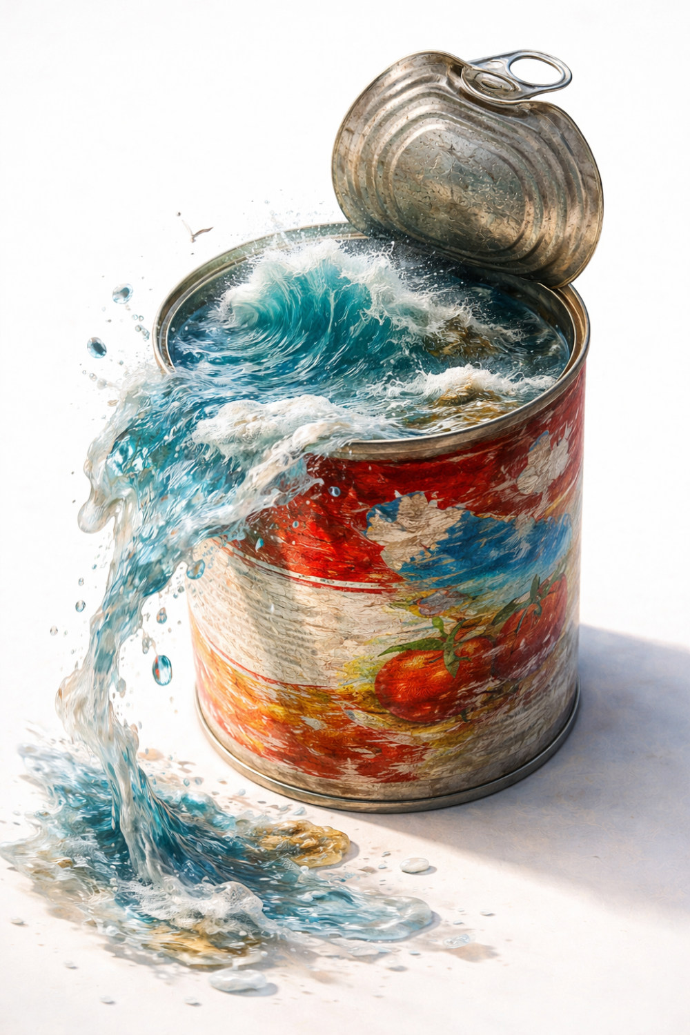 A soup can opened  to reveal a  hyper-real yet impossible containment