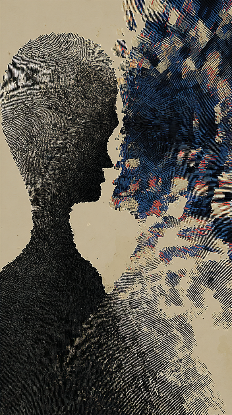 Two identities meet at the edge of perception—one structured, one dissolving—capturing the tension between control and entropy.