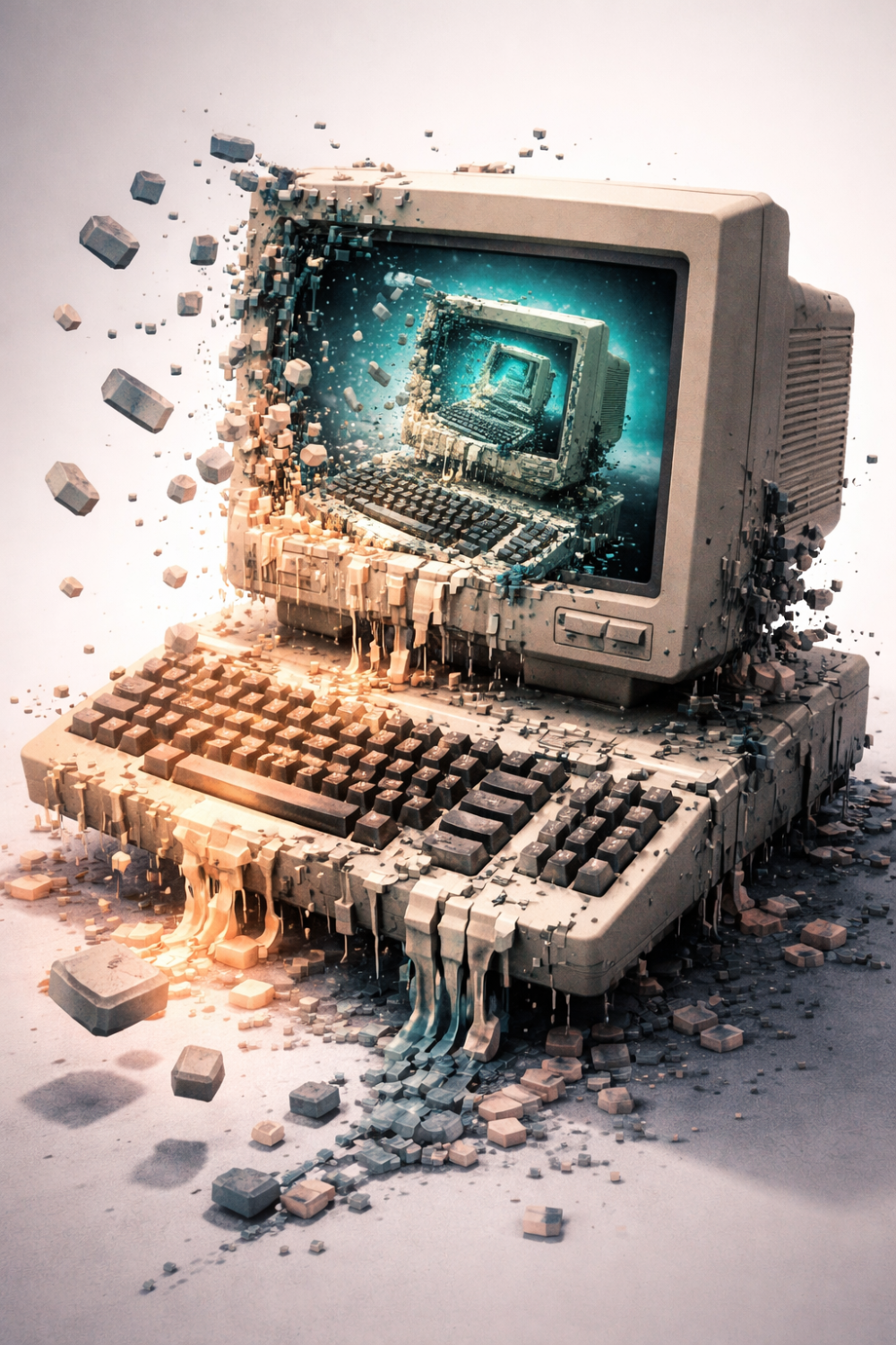 Melting vintage computer in pixel chaos