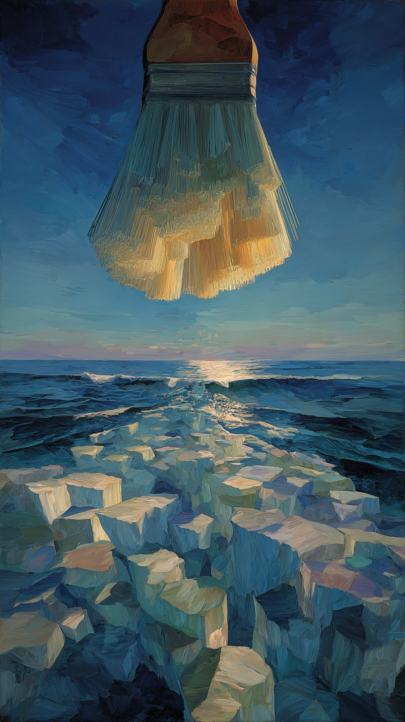 Creation hangs overhead.. The brush pauses above the sea. Nothing here is finished.