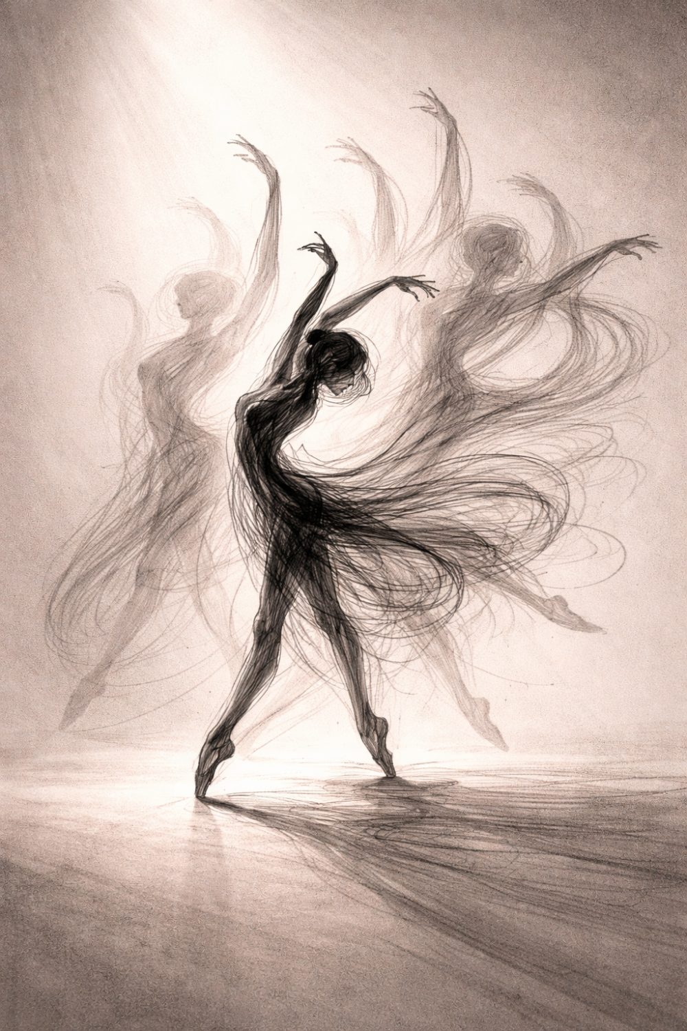 Her limbs dissolving into flowing lines, the stage fading into emptiness, a soft spotlight, a sense of time stretched.