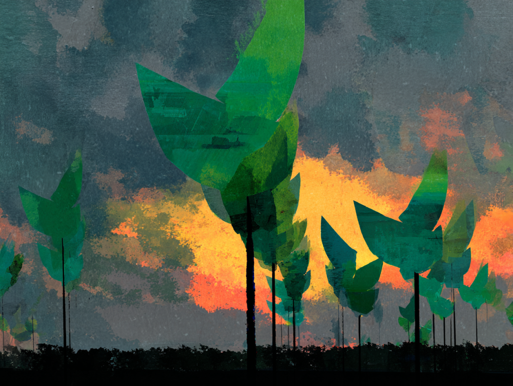 A speculative landscape where plant forms and energy structures merge, suggesting climate recovery must be designed, not assumed.