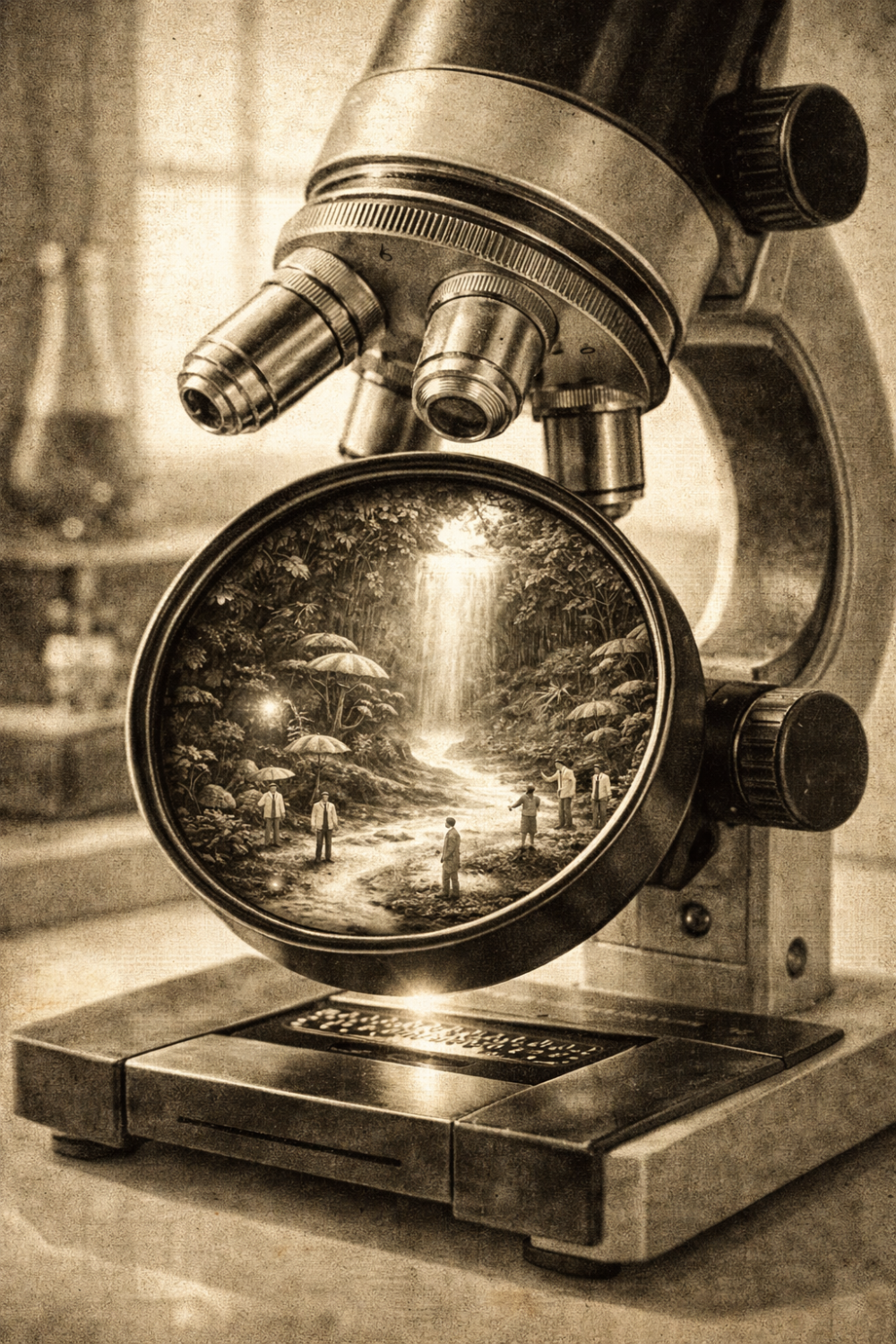 A sterile microscope reveals a tiny world— where scale collapses, and observation becomes imagination.