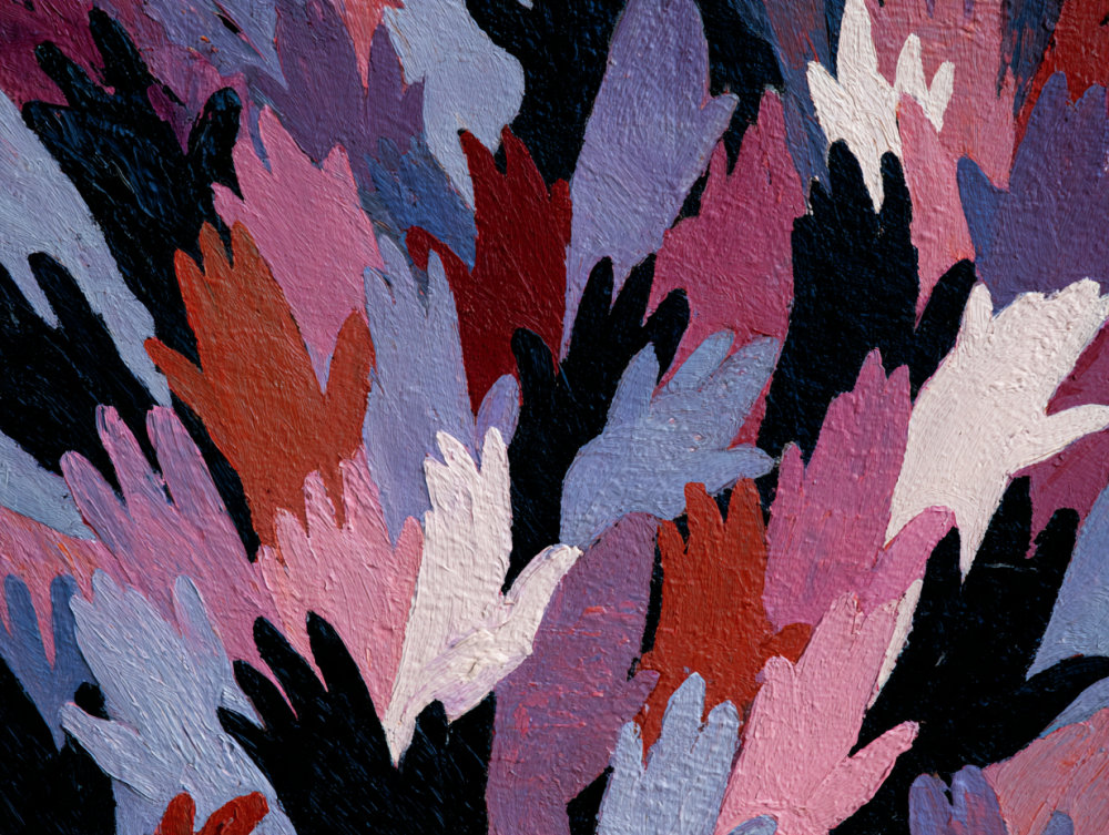 A dense field of painted hand-forms representing mass participation as the core driver of climate action.