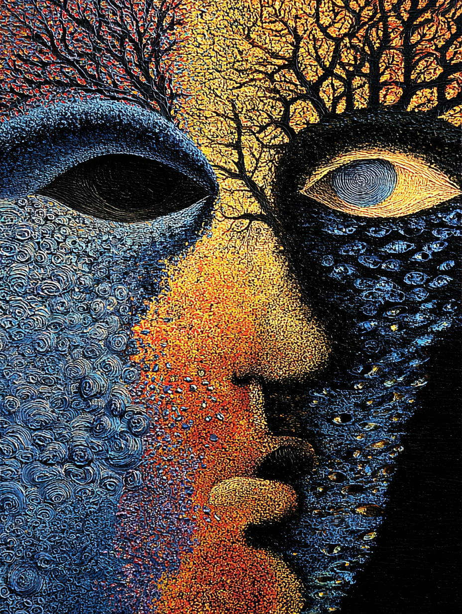 A face split between chaos and order, where nature and abstraction coexist, revealing the layered contradictions within.