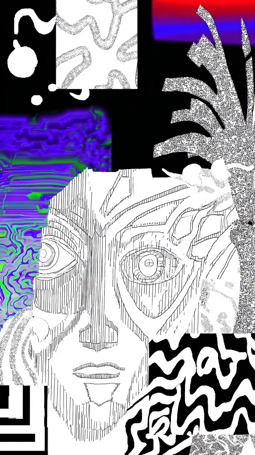 Thoughts collide in disjointed patterns, where identity is not singular but scattered across noise, memory, and distortion.