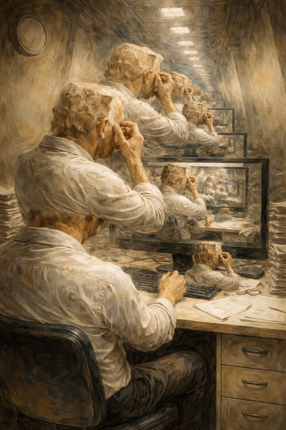 A mind trapped in infinite reflection—each layer quieter, more distant, yet impossible to escape. Identity dissolves into repetition.