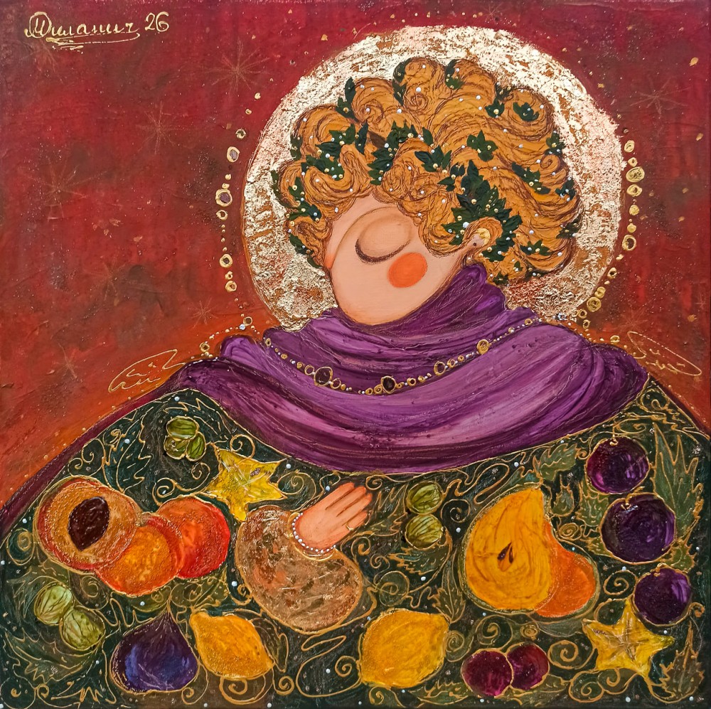I poured warmth and whimsy into this piece, blending rich acrylics with golden leaf to create a glowing aura. The symbolism of fruit and vibrant hues reflects abundance and gentle grace. Every brushstroke breathes life into an impressionist dream, inviting viewers to feel comfort and joy radiate softly within their space. This artwork is a celebration of harmony and the tender beauty of quiet moments.