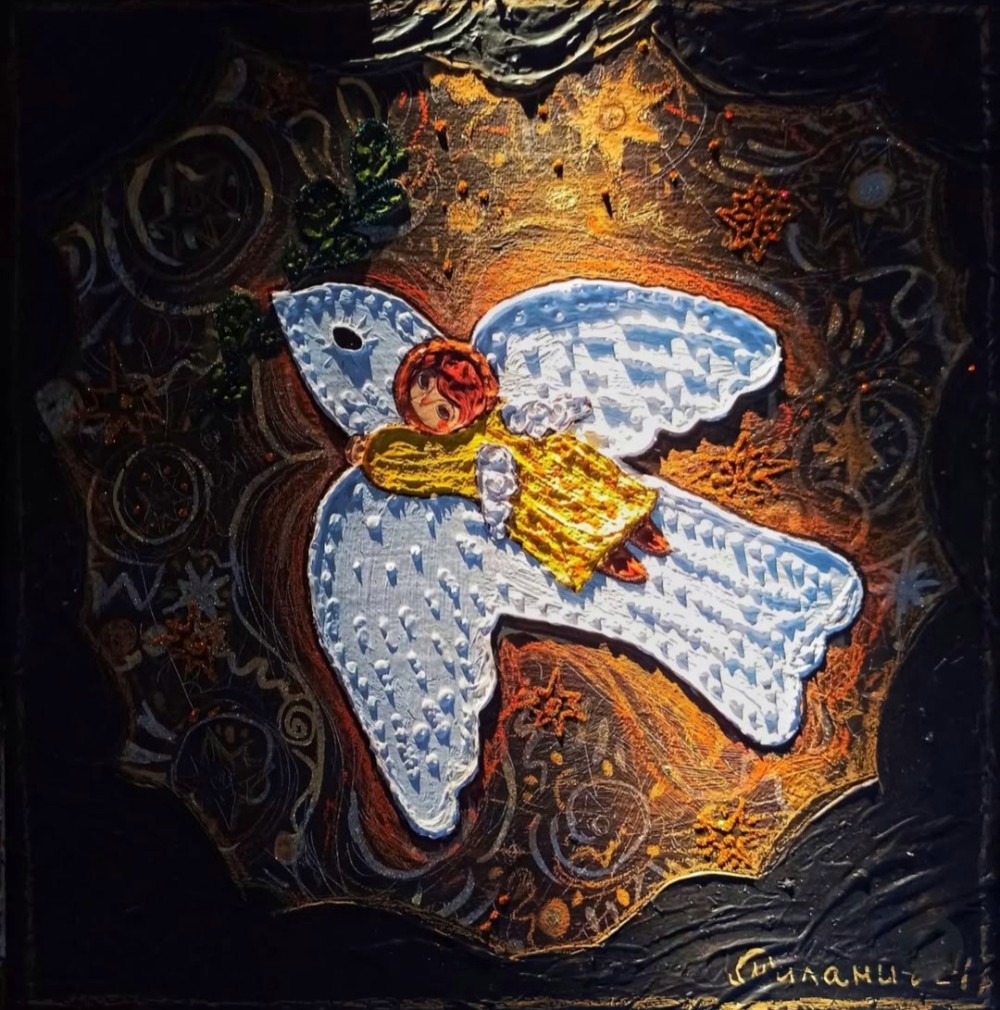 Painting
Acrylic, texture paste, and metal leaf on canvas
30 x 30 cm
2024

Despite the dark clouds of despair, a dove as pure as the first snow flies to us and brings us peace