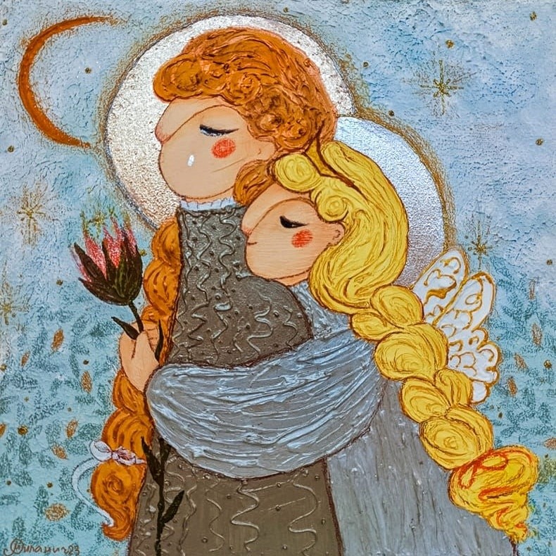 Painting Acrylic, texture paste, and metal leaf on canvas 30 x 30 cm 2023 .
There are girlfriends as real sisters and their sisterly support is very important and therapeutic in times of need