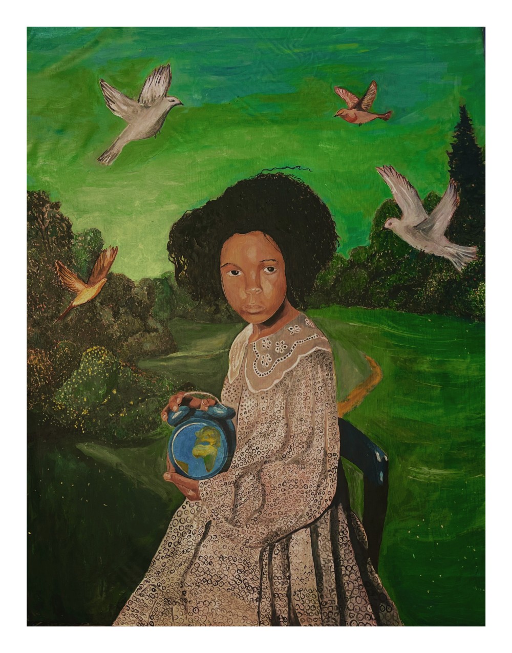 "When I Grow Up" is an acrylic painting on canvas that contemplates the evolution of childhood dreams into the responsibilities that shape our world. It gently poses the question: what happens to our youthful promises when innocence encounters the complexities of survival, identity, and societal expectations?
Crafted with layered textures and intricate detail, this medium-sized figurative artwork celebrates the strength of the feminine spirit as both a caregiver and a visionary. The styles of realism and expressionism blend beautifully, enhanced by the vibrant use of green tones, symbolizing hope and freedom and divine protection.
This piece is a reminder that within every dream lies the potential to heal, transform, and foster new beginnings for those who follow. "When I Grow Up" would be a meaningful addition to any space, inviting reflection and inspiring conversations about our shared future.