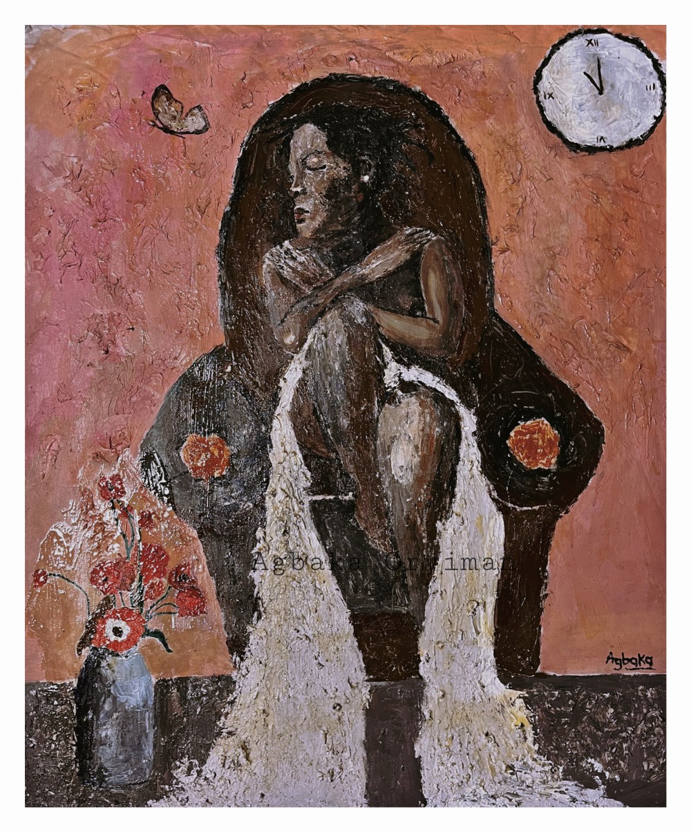 Lost in Time is an intimate exploration of passion, vulnerability, and fleeting moments of connection. Abstract yet deeply personal, the painting captures the presence of a lover reclining nude on a couch, dissolving softly into the atmosphere of a private room. Through expressive strokes and muted tones, the work blurs the boundary between memory and desire where time pauses, breath slows, and emotion lingers. It is a portrait not just of a body, but of a moment suspended in tenderness, charged with both longing and stillness.