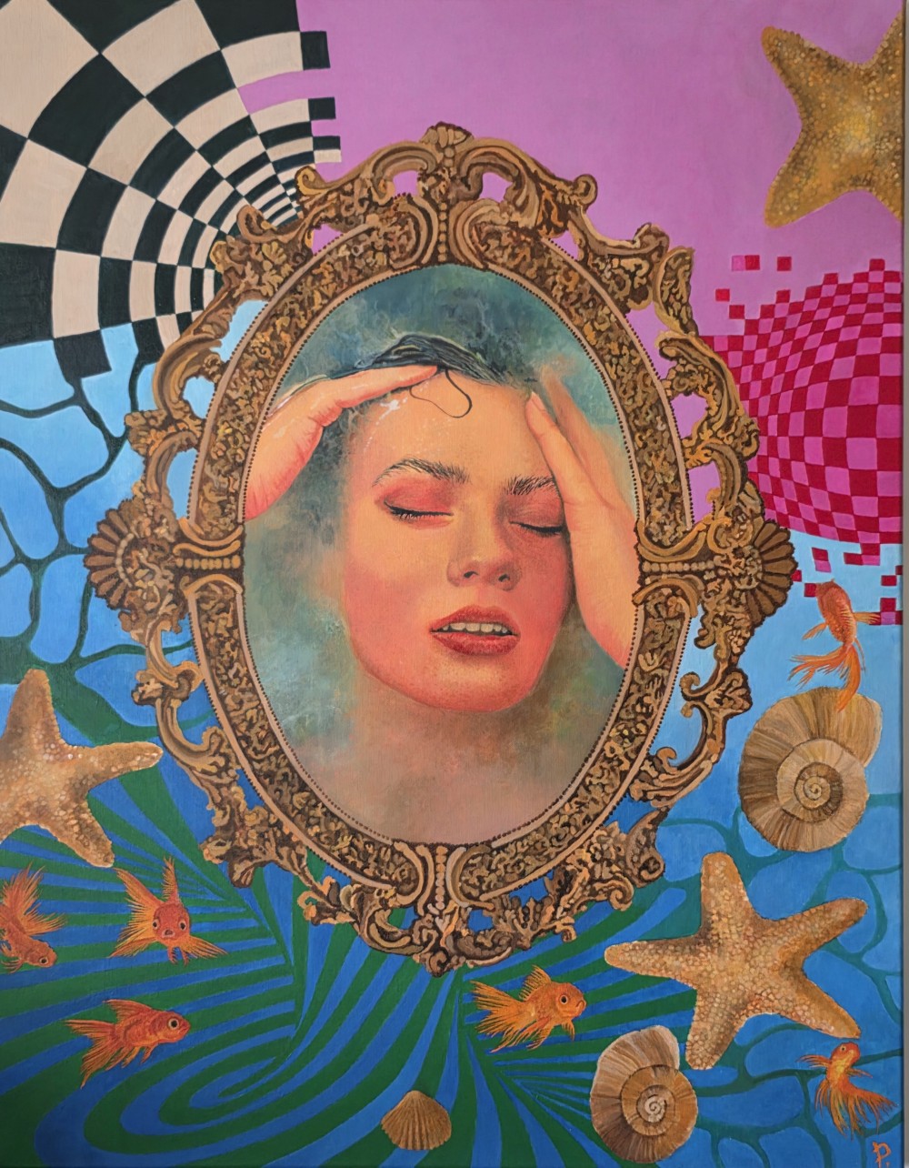 This painting shows what is in the artist's head. Every day there are many images and thoughts in my head. Not everything is connected, but it is intertwined. The woman in the painting is immersed in water. These thoughts are like waves. Each of them, as if separate, interpenetrates with the next, forming a coherent whole. Thoughts are like water, they are difficult to stop, to control. You can drown in them.

acrylic paints 70×90cm