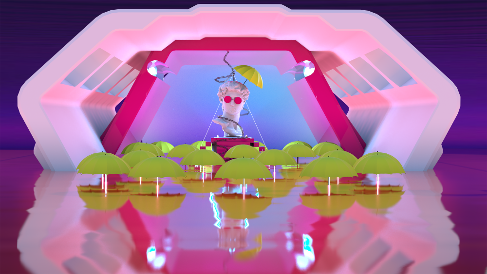 “Umbrella” is my new artwork composed of vibrant pink and purple colors, framed in a futuristic and surreal setting with neon lights, characteristic of my works. On this occasion, I wanted to keep David connected with the electrical devices we have today, merging classical elements with modern technology.