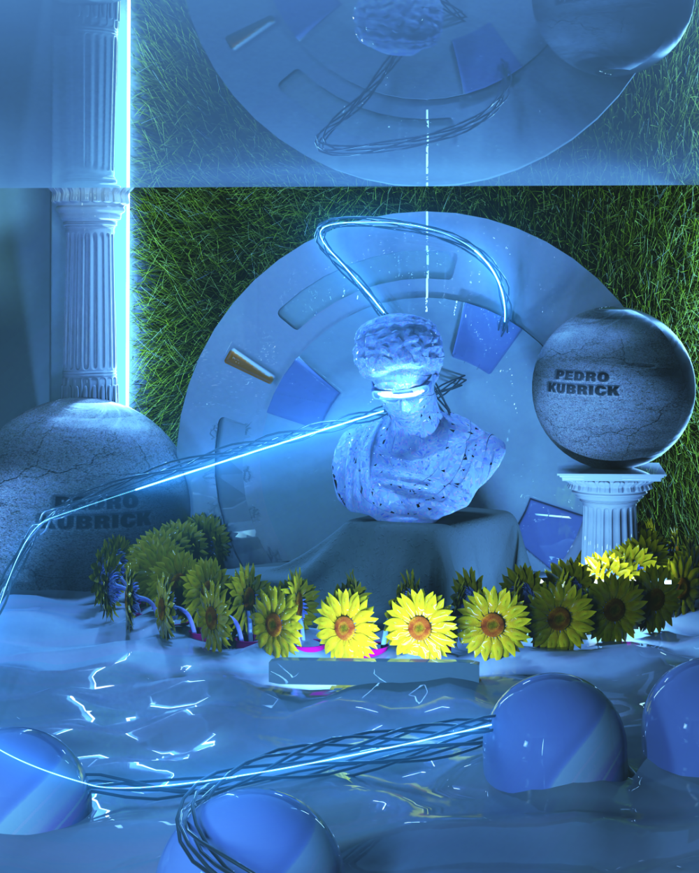 “Electric Feel” is my surreal and futuristic artwork that fuses nature with technology. I wanted to create an organic contrast with the grass and flowers. The piece explores the connection between the human and the digital, blending the classical with the contemporary in an immersive setting