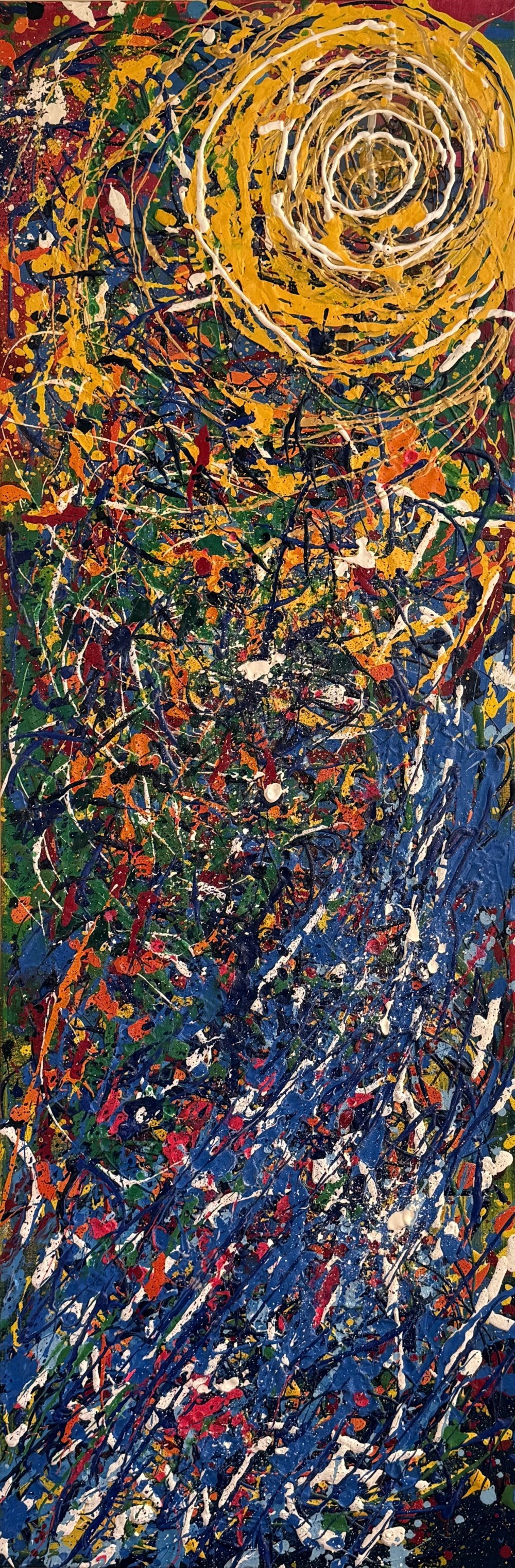 A radiant sun anchors the canvas spiraling outward in waves of molten gold. Below, a cascade of vibrant colors – greens, reds, blues and whites – surge upward as though drawn into its orbit. The composition feels alive with movement, a celebration of energy rising, conversion, and transforming under the pull of light. Shine speaks to vitality and renewal, a bold statement piece that infuses any space with warmth and joy, reminding us of the inexhaustible brightness that fuels growth and creation.