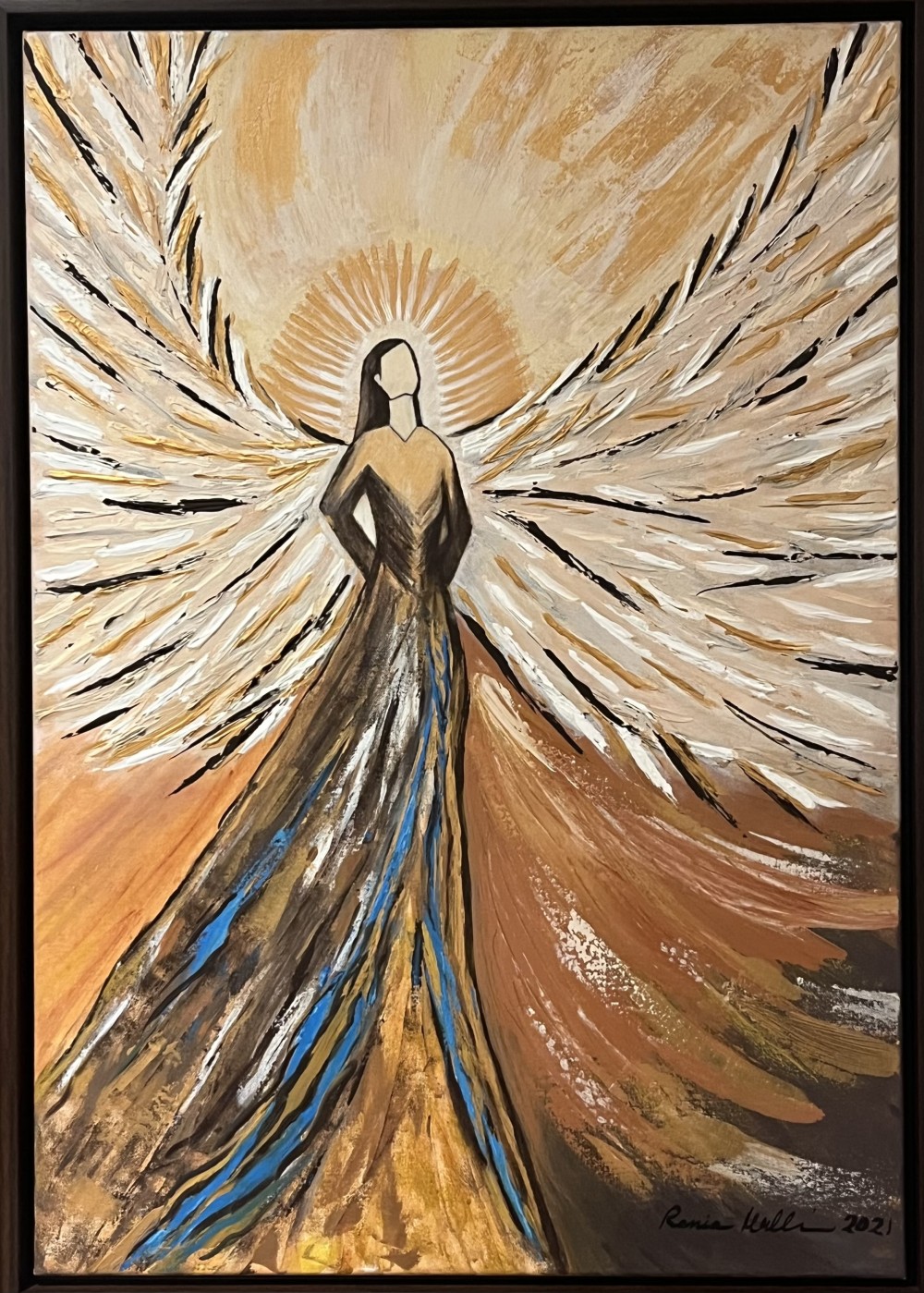 An angel stands rooted in strength, wings stretched white into light. The warm tones and flowing textures speak of presence, power and grace – a reminder that radiance is not given but claimed from within.