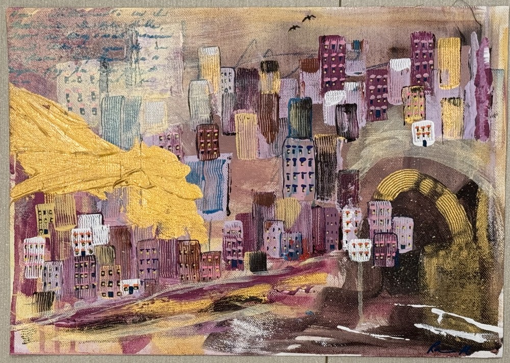 Building stack in weave together in shifting tones of rose, ocher and violet, creating a skyline that feels both ancient and modern. Golden strokes ripple through the composition, suggesting memory, light and renewal threading across time. In this cityscape, history and imagination converge, the past etched into each surface, the future glowing just beyond the horizon. Tapestry of Old and New captures the spirit of transformation, inviting the viewer to see continuity and possibility within every layer of urban life.