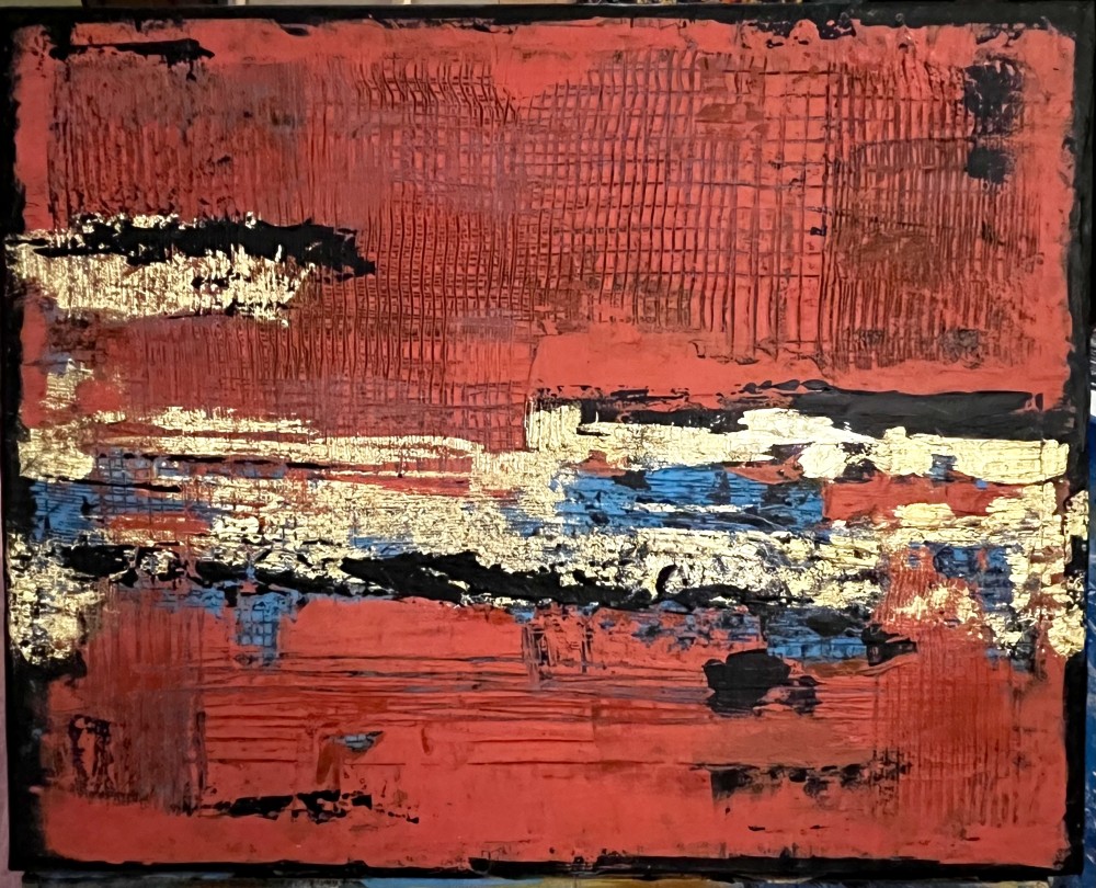 With layers of deep orange, flashes of gold and traces of blue. This piece carries the weight of memory and the energy of the present. The textured surface holds both strength and fragility, as if the past has left It’s imprint while new light insists on breaking through.