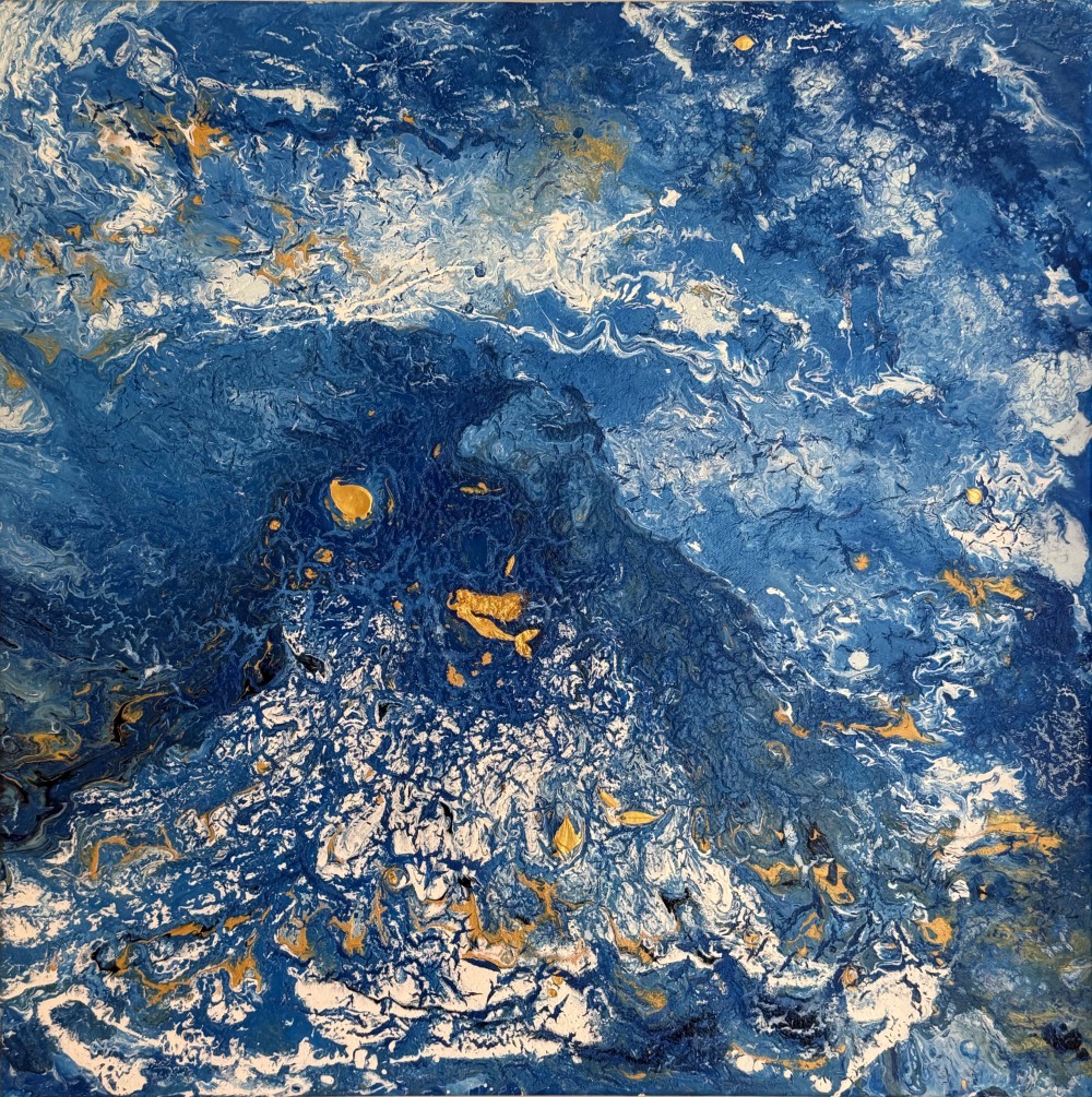 This painting captures the tension between water and flame – a restless tide of the blues fractured by luminous bursts of gold. The surface churns with movement, as though something powerful is breaking free beneath. Once fluid and volcanic, the imagery speaks of energy contained yet unyielding, and beauty born from collusion. Fire Beneath the Waves transforms any space into a meditation on resilience and renewal, inviting the viewer to see both the calm and the storm within themselves.